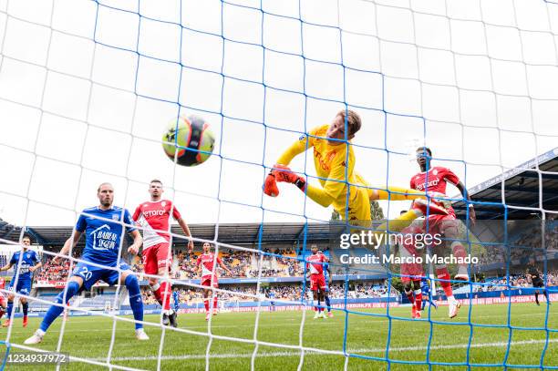 Ruben Aguilar of AS Monaco heads the ball to score an own goal past his teammate Goalkeeper Alexander Nubel of AS Monaco during the Ligue 1 Uber Eats...