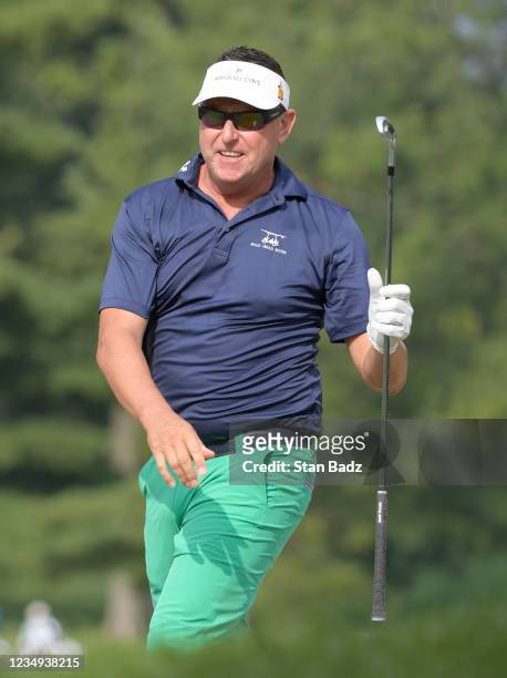 Robert Allenby plays a shot on the tenth hole during the second round of The Ally Challenge at Warwick Hills Golf and Country Club on August 28, 2021...