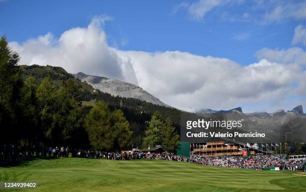 General view of the 18th hole during Day Four of The Omega European Masters at Crans-sur-Sierre Golf Club on August 29, 2021 in Crans-Montana,...
