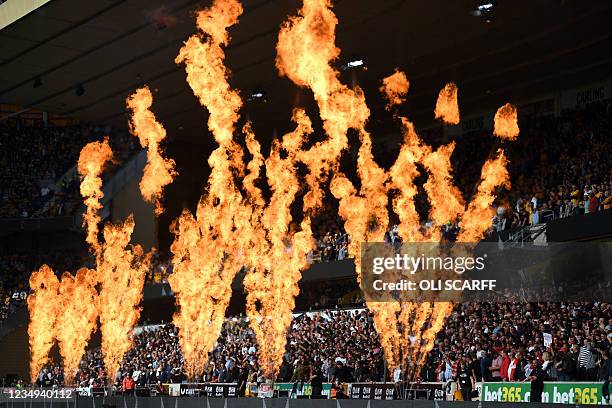 Flames are thrown pre match at the English Premier League football match between Wolverhampton Wanderers and Manchester United at the Molineux...