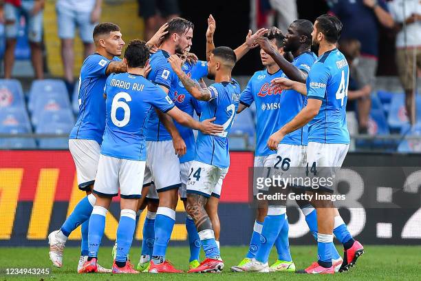 Fabian Ruiz of Napoli celebrates with his team-mates after scoring a goal during the Serie A match between Genoa Cfc and Ssc Napoli at Stadio Luigi...