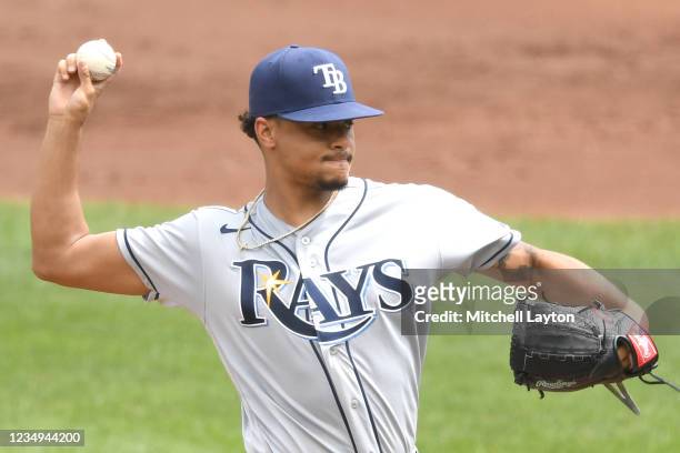 Chris Archer of the Tampa Bay Rays pitches in the first inning during a baseball game against the Baltimore Orioles at Oriole Park at Camden Yards on...