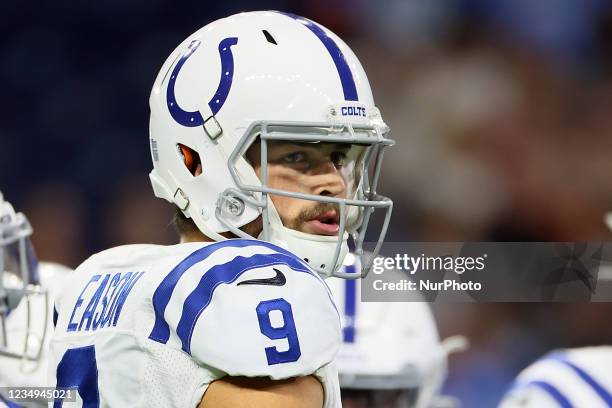 Indianapolis Colts quarterback Jacob Eason looks down the field after a play during the first half of an NFL preseason football game between the...