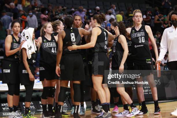 The Seattle Storm huddle during the game against the Chicago Sky on August 29, 2021 at the Angel of the Winds Arena, in Everett, Washington. NOTE TO...