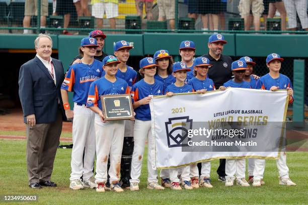 Team Michigan celebrates winning the 2021 Little League World Series game against Team Ohio at Howard J Lamade Stadium on Sunday, August 29, 2021 in...