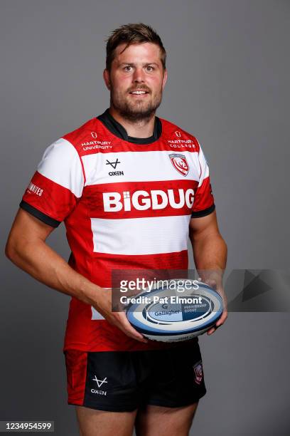 Ed Slater poses for a portrait during the Gloucester Rugby squad photo call for the 2021-22 Gallagher Premiership Rugby season at Kingsholm Stadium...