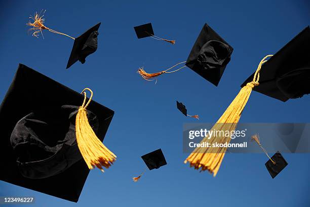 graduation caps in die luft geworfen - blauer hut stock-fotos und bilder