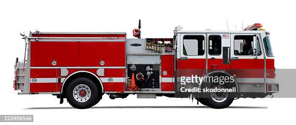 firetruck isolated on white - brandweerwagen stockfoto's en -beelden