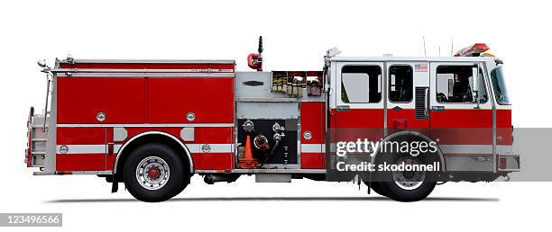 firetruck isolated on white - fire truck side view stock pictures, royalty-free photos & images