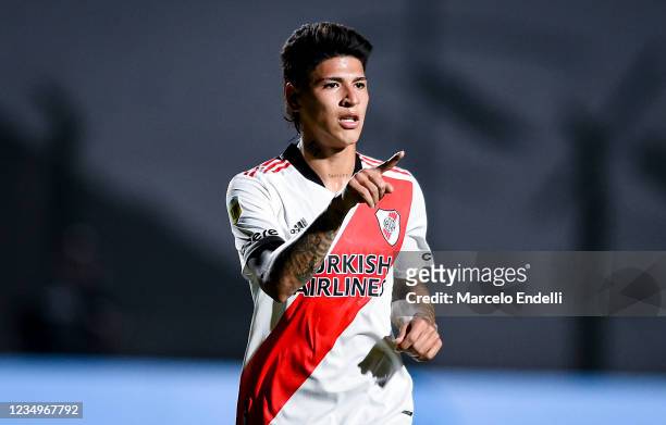 Jorge Carrascal of River Plate celebrates after scoring the first goal of his team during a match between Sarmiento and River Plate as part of Torneo...