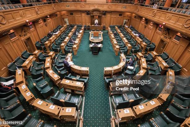General view during Question time and sitting of the House in Alert Level Four lockdown in the House of Representatives debating chamber on August...