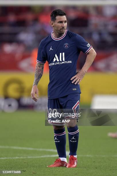 Lionel Messi of Paris Saint-Germain during the French L1 football match between Stade de Reims and Paris Saint-Germain at the Stade Auguste Delaune...