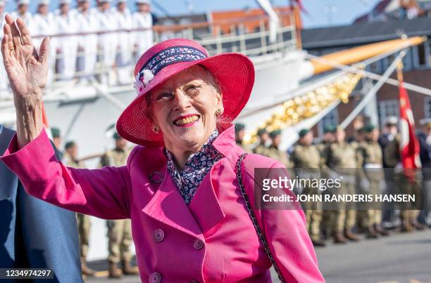 Queen Margrethe II of Denmark waves as she arrives on August 31, 2021 in Esbjerg, Denmark, during her summer voyage. / Denmark OUT