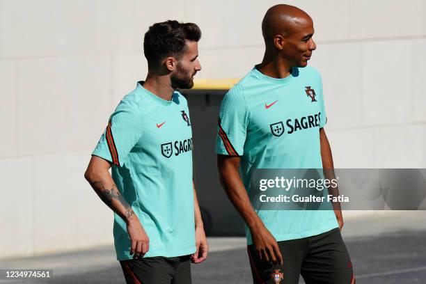 Joao Mario of SL Benfica of Portugal with Rafa Silva of SL Benfica and Portugal during the Portugal National Team Training Session at Cidade do...