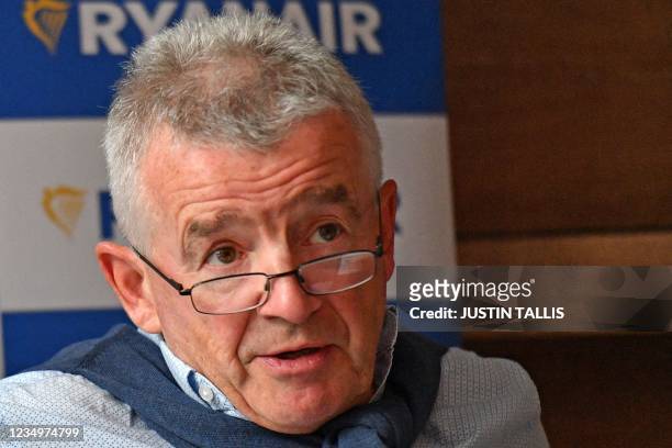 Ryanair CEO Michael O'Leary attends a press conference in London on August 31, 2021. - Ryanair has announced it will operate 14 new routes from...