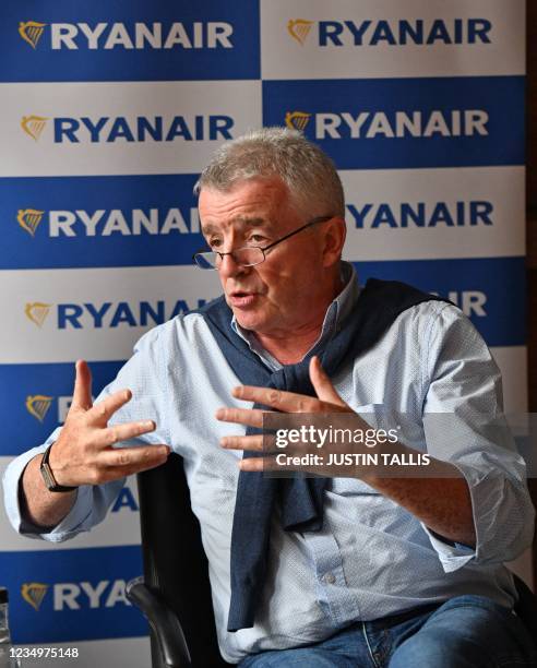 Ryanair CEO Michael O'Leary attends a press conference in London on August 31, 2021. - Ryanair has announced it will operate 14 new routes from...