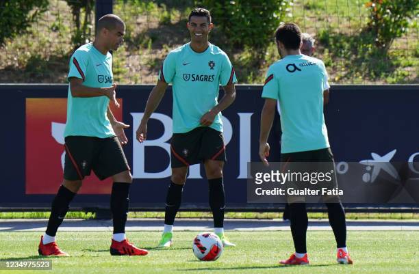 Cristiano Ronaldo of Manchester United and Portugal during the Portugal National Team Training Session at Cidade do Futebol FPF on August 31, 2021 in...