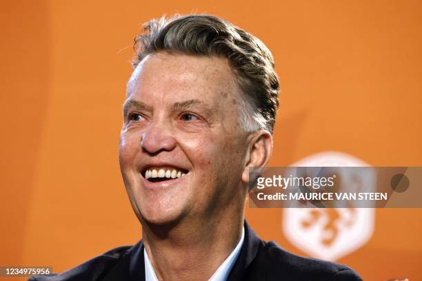 Netherlands' coach Louis van Gaal smiles as he attends a press conference of the Dutch national soccer team on the KNVB Campus, on August 31, 2021 in...