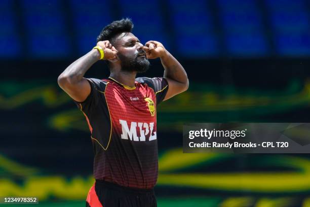 Isuru Udana of Trinbago Knight Riders celebrates the dismissal of Rahkeem Cornwall of Saint Lucia Kings during the 2021 Hero Caribbean Premier League...