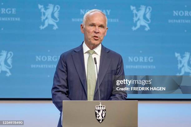 Norway's Minister of Finance Jan Tore Sanner speaks at a press conference about restructuring proposals for the petroleum tax in Oslo, Norway, on...