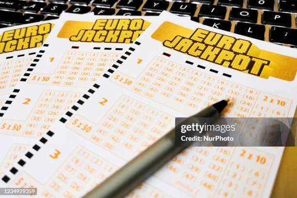 Close-Up of Eurojackpot lottery betting tickets. Krakow, Poland on August 31, 2021.