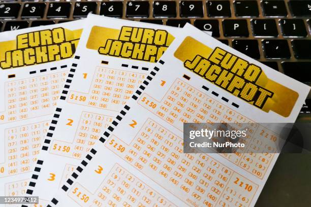 Close-Up of Eurojackpot lottery betting tickets. Krakow, Poland on August 31, 2021.