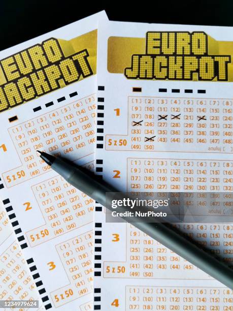Close-Up of Eurojackpot lottery betting tickets. Krakow, Poland on August 31, 2021.