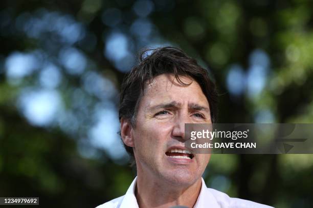Canada's Liberal Party Leader and Prime Minister Justin Trudeau speaks during a news conference on August 31, 2021 in Ottawa, Canada. - Canadian...