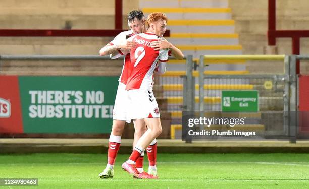 Callum Morton of Fleetwood Town celebrates after scoring to make it 2-0 during the Papa John's Trophy match between Fleetwood Town and Leicester City...