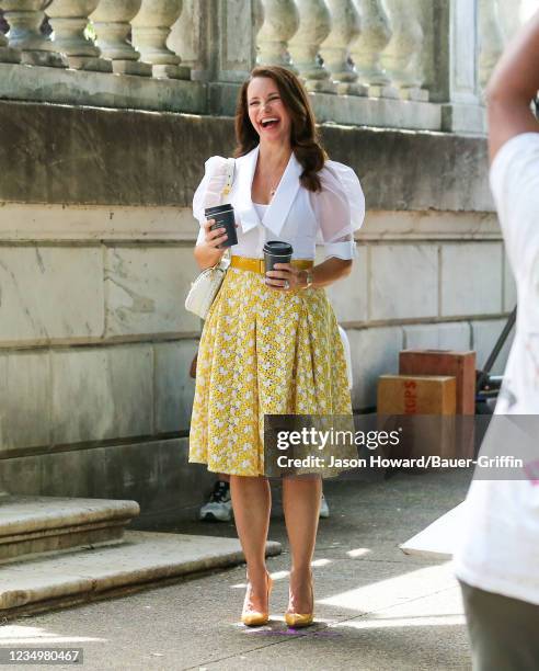 Kristin Davis is seen filming "And Just Like That..." the follow up series to "Sex and the City" on August 31, 2021 in New York City.