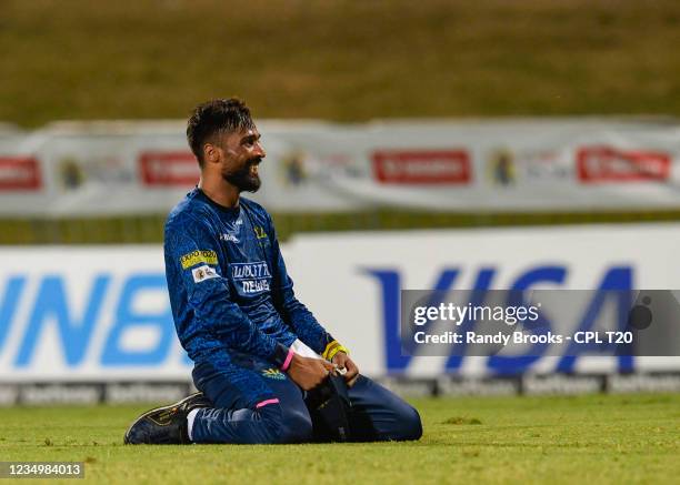 Mohammad Amir of Barbados Royals celebrates taking the catch to dismiss Haider Ali of Jamaica Tallawahs during the 2021 Hero Caribbean Premier League...
