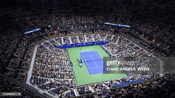 An overview shows Arthur Ashe Stadium during the 2021 US Open Tennis tournament men's singles first round match between Serbia's Novak Djokovic and...