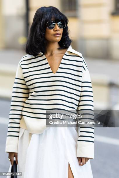 Chili Bendt wearing Arket poses for a picture at Hobnob on the 2nd day of Stockholm Fashion Week on September 1, 2021 in Stockholm, Sweden.