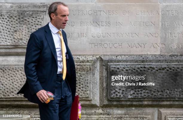 British Foreign Secretary, Dominic Raab, leaves the Foreign, Commonwealth and Development Office to head to a select committee on September 1, 2021...