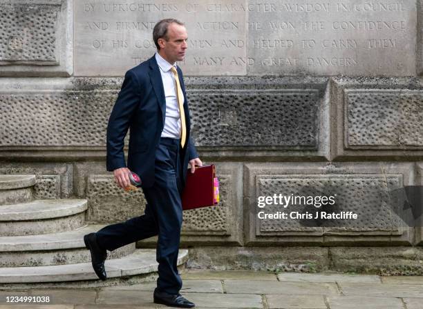 British Foreign Secretary, Dominic Raab, leaves the Foreign, Commonwealth and Development Office to head to a select committee on September 1, 2021...