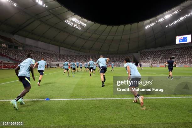 Australia players attend a training session ahead of the FIFA 2022 World Cup Qualifier in Khalifa International Stadium on September 01, 2021 in...