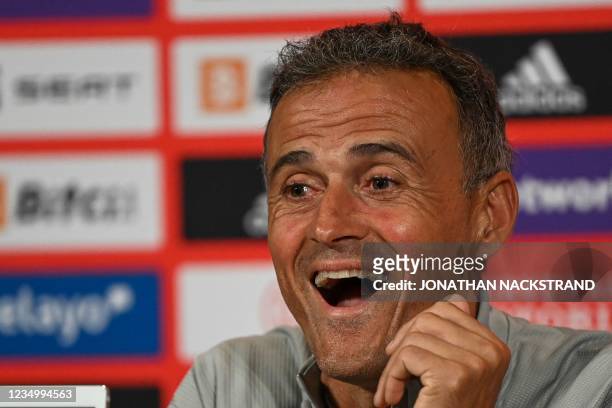 Luis Enrique, head coach of Spain's national football team, addresses a press conference on September 1, 2021 in Solna, one day ahead of the World...