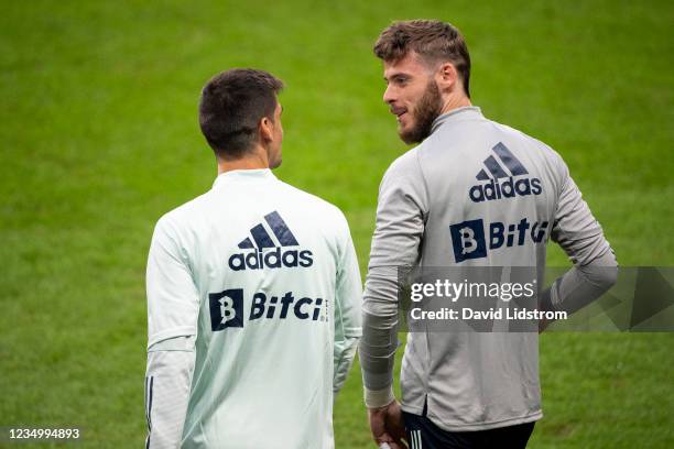 David de Gea of Spain during a training session ahead of the FIFA World Cup 2022 Qatar qualifying match between Sweden and Spain at Friends Arena on...