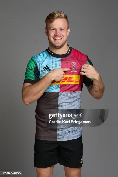 Tyrone Green of Harlequins poses for a portrait during the Harlequins squad photo call for the 2021-22 Gallagher Premiership Rugby season at Surrey...