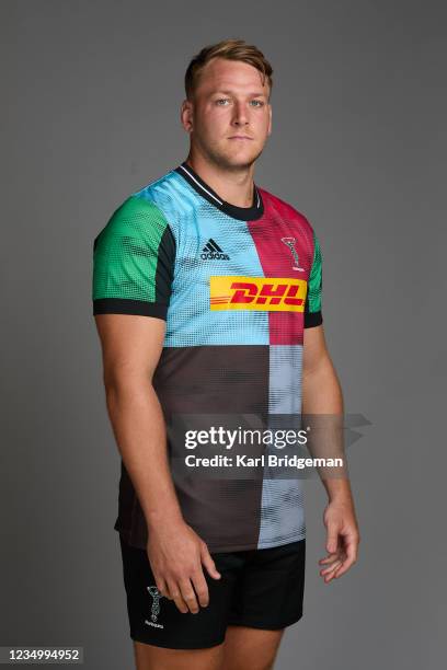 Alex Dombrandt of Harlequins poses for a portrait during the Harlequins squad photo call for the 2021-22 Gallagher Premiership Rugby season at Surrey...