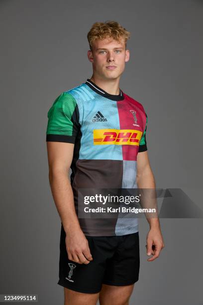 Louis Lynagh of Harlequins poses for a portrait during the Harlequins squad photo call for the 2021-22 Gallagher Premiership Rugby season at Surrey...