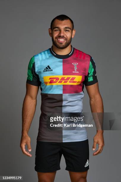 Joe Marchant of Harlequins poses for a portrait during the Harlequins squad photo call for the 2021-22 Gallagher Premiership Rugby season at Surrey...