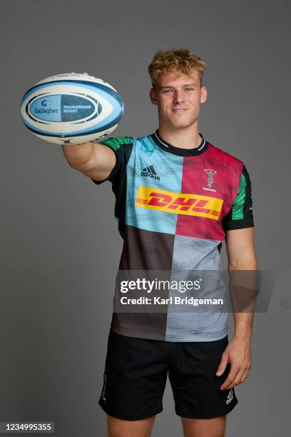 Louis Lynagh of Harlequins poses for a portrait during the Harlequins squad photo call for the 2021-22 Gallagher Premiership Rugby season at Surrey...