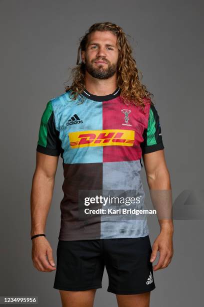 Luke Wallace of Harlequins poses for a portrait during the Harlequins squad photo call for the 2021-22 Gallagher Premiership Rugby season at Surrey...