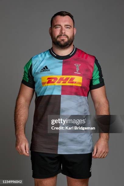 Will Collier of Harlequins poses for a portrait during the Harlequins squad photo call for the 2021-22 Gallagher Premiership Rugby season at Surrey...