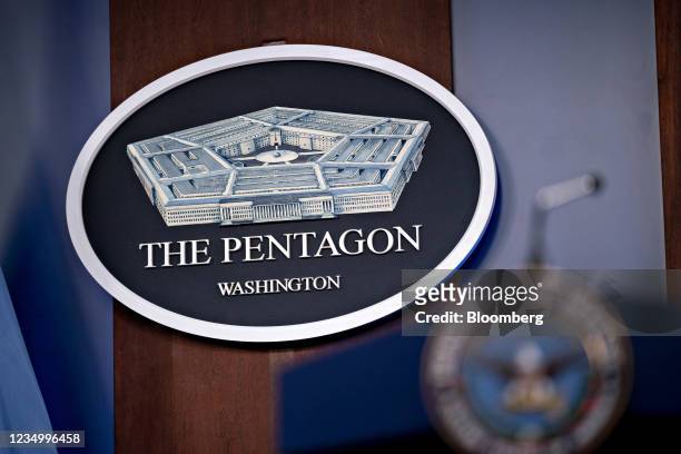 The Pentagon seal in the Pentagon Briefing Room in Arlington, Virginia., U.S., on Wednesday, Sept. 1, 2021. President Biden yesterday declared an end...