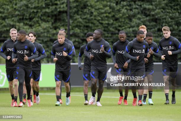 Dutch players attend a training session of the Netherlands U21 national football team at the KNVB Campus on September 01, 2021 in Zeist. - Holland...