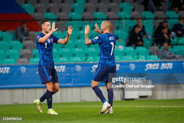 Robert Bozenik of Slovakia, Vladimir Weiss of Slovakia celebrates after scoring during 2022 FIFA World Cup Qualifying Round - Group H match between...