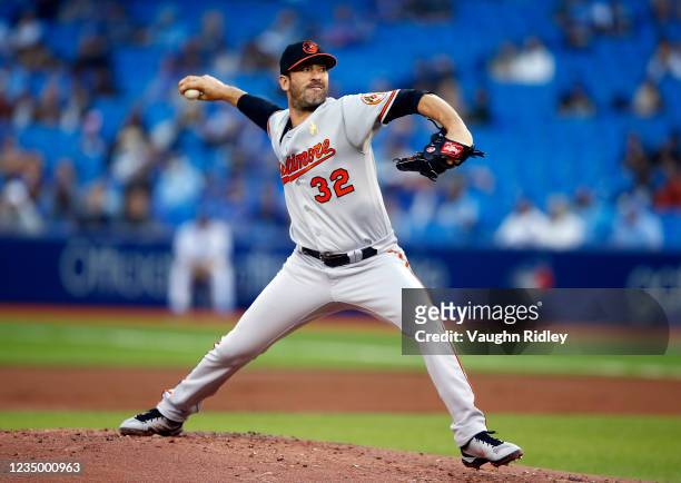 Matt Harvey of the Baltimore Orioles delivers a pitch in the first inning during a MLB game against the Toronto Blue Jays at Rogers Centre on...