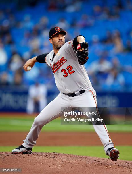 Matt Harvey of the Baltimore Orioles delivers a pitch in the first inning during a MLB game against the Toronto Blue Jays at Rogers Centre on...